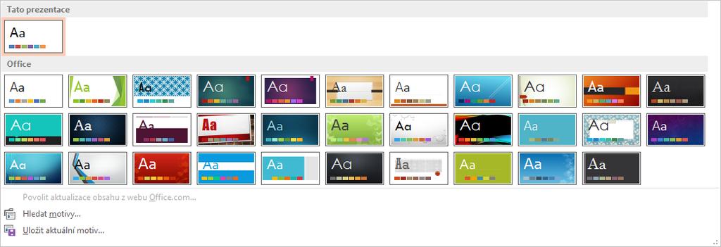 Jak se tedy návrhy snímků používají? 1. Otevřete si prezentaci, u které chcete změnit motiv. 2. Klepněte na kartu Návrh a ze zobrazené galerie si vyberte libovolný motiv. 3.