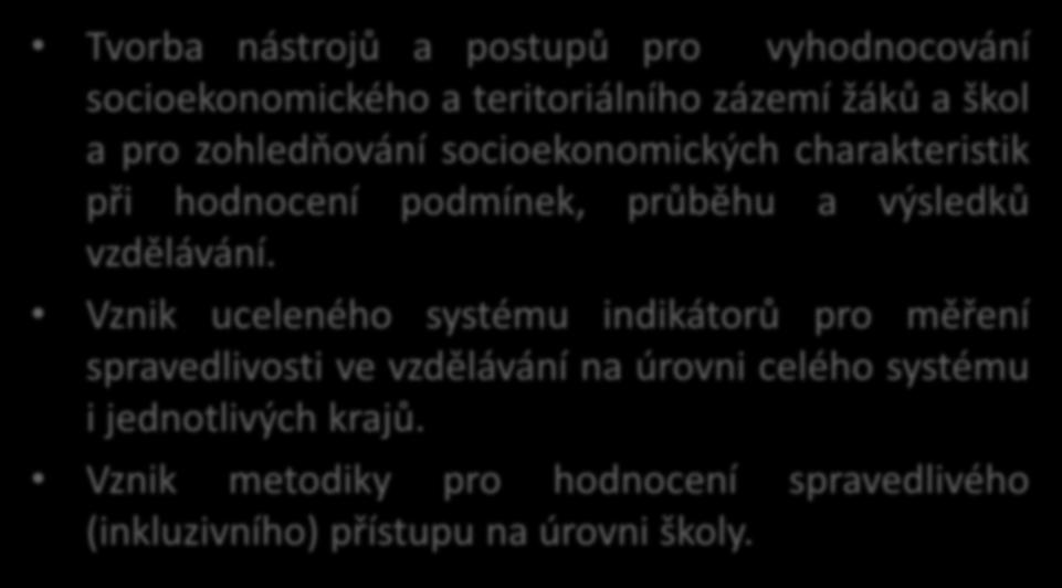 Monitorování úrovně spravedlivosti vzdělávacího systému Tvorba nástrojů a postupů pro vyhodnocování socioekonomického a teritoriálního zázemí žáků a škol a pro zohledňování socioekonomických