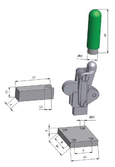 Svislé upínky těžké přesné provedení 601 603 605 606 608 Heavy-duty vertical clamps 6 611 613 615 616 618 Příslušenství pro těžké přesné upínky Rukojeť, upínací rameno, základní deska Svislé upínky