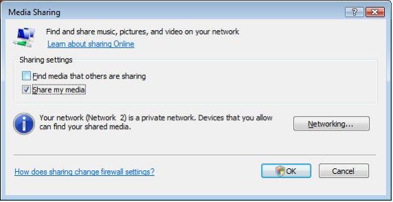 (Sdílení médií). Nastavte možnost Network discovery (Zjištění sítě) na hodnotu On (Zapnuto). Nastavte možnost File sharing (Sdílení souborů) na hodnotu On (Zapnuto).