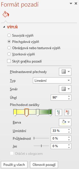 8 PowerPoint 133 Formát pozadí Enc-08-04 Výplň snímku Grafika pozadí 8.3 Pozadí snímku Pozadí snímku lze nastavovat v zobrazení předlohy nebo v normálním zobrazení prezentace.