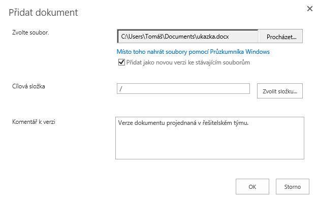 2 OneDrive pro firmy 15 OBR. 2-3: OKNO PŘIDAT DOKUMENT» K souboru můžeme doplnit komentář.» Klikneme do tlačítka OK.» V horní části okna se zobrazí postup nahrávání souboru.