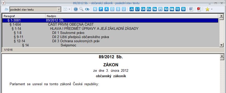 Kliknutím na předpis a poté na tlačítko Informace o záznamu vlevo nad seznamem zobrazíme základní informace o předpisu (typ předpisu, autor, oblast či oblasti úpravy, datum schválení, platnosti a