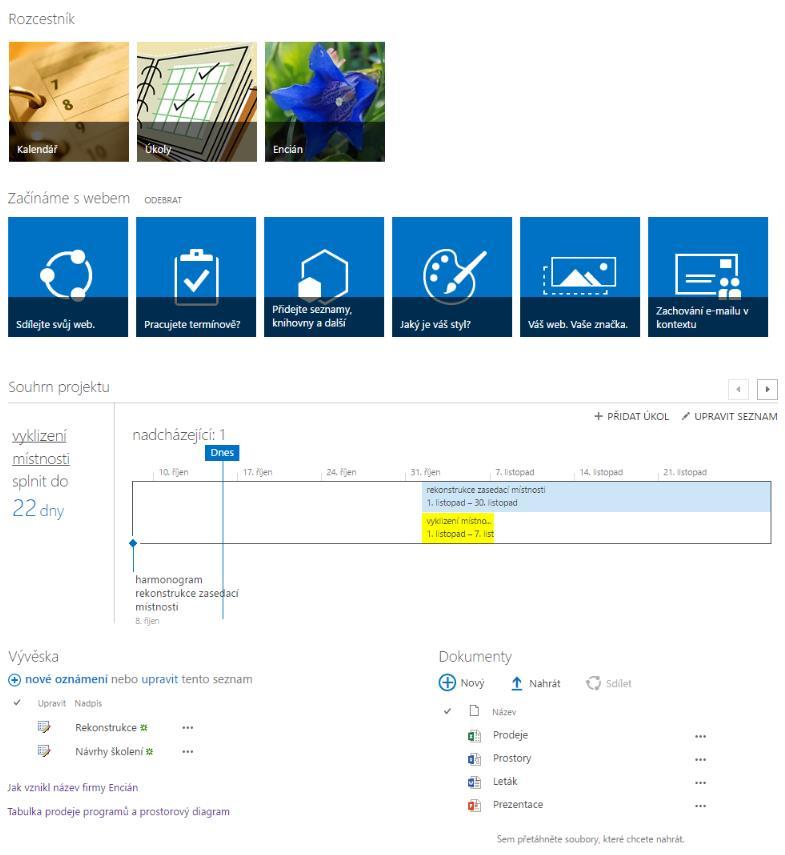 3 SharePoint 43 OBR. 3-9: DOMOVSKÁ STRÁNKA Popis dlaždice V seznamu Rozcestník upřesníme odkaz na webovou stránku Jak vznikl název firmy Encián (pole Umístění odkazu).