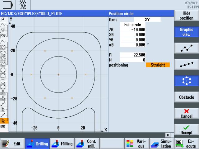 Příklad 3: Desková forma 8.5 Zohledňování překážek Obrázek 8-38 Zadání děr na kružnici Zadané hodnoty převezměte. Stiskněte programové tlačítko Pozice.