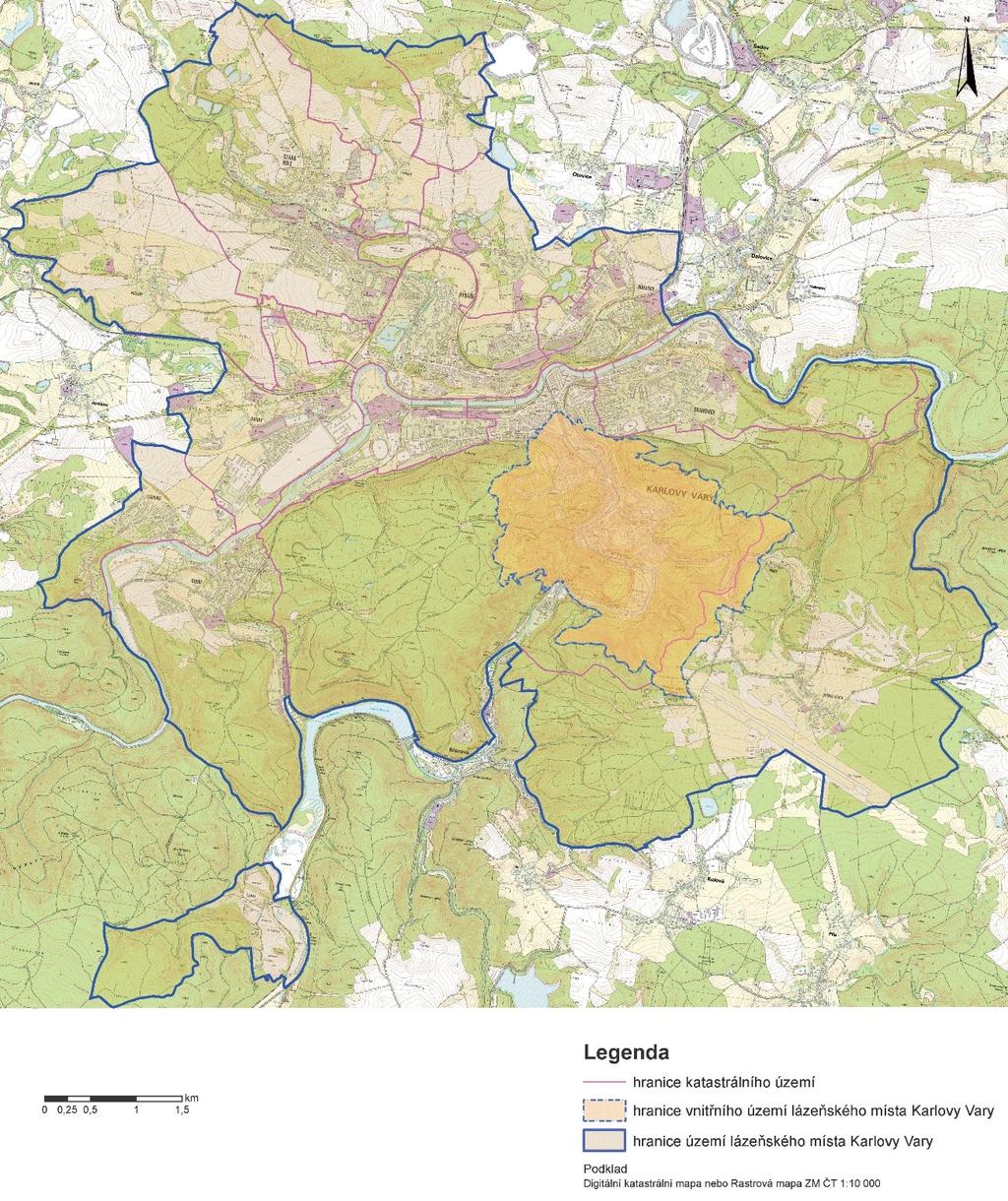 Obr. 7 Mapa lázeňského místa Karlovy Vary s vyznačením jeho vnější a vnitřní části (Sbírka zákonů č. 321/2012). Podle předpisu č. 321/2012 Sb.