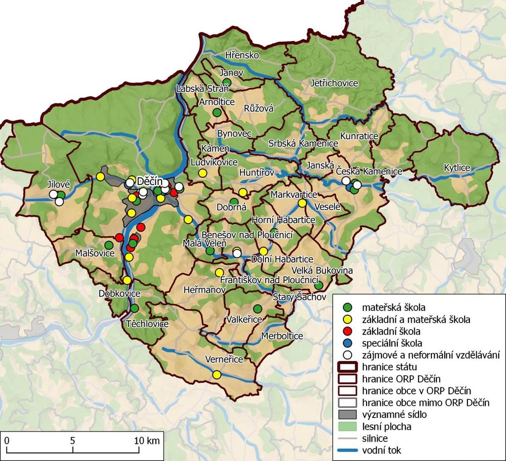 2.4 Charakteristika školství v řešeném území SO ORP tvoří statutární město Děčín, další 4 města (Česká Kamenice, Jílové, Benešov nad Ploučnicí, Verneřice) a 29 obcí. Na území se k 1.