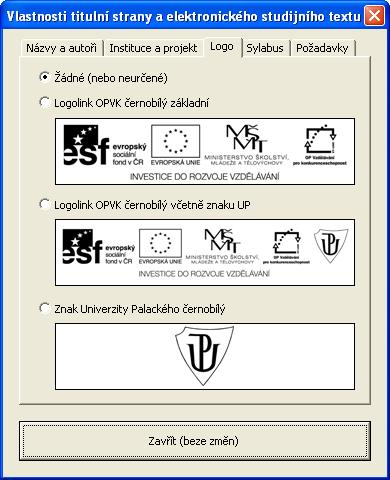 MiniAware - uživatelská příručka 103 Přepínač Logo3 ve výchozím stavu obsahuje logo Znak Univerzity Palackého černobílý Karta Logo 4.