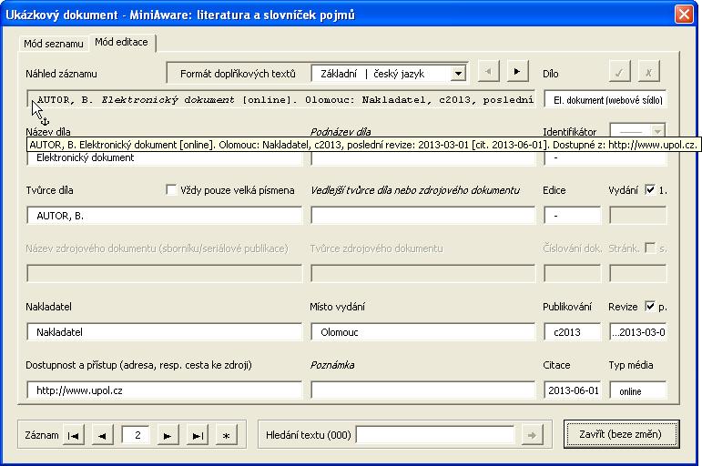 MiniAware - uživatelská příručka 59 Editace záznamu literatury: bibliografická citace elektronického dokumentu typ El.