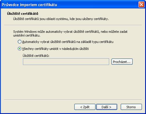 MiniAware - uživatelská příručka 6 Úložiště certifikátů klepnout na přepínač Všechny certifikáty umístit v následujícím úložišti a poté na tlačítko Procházet