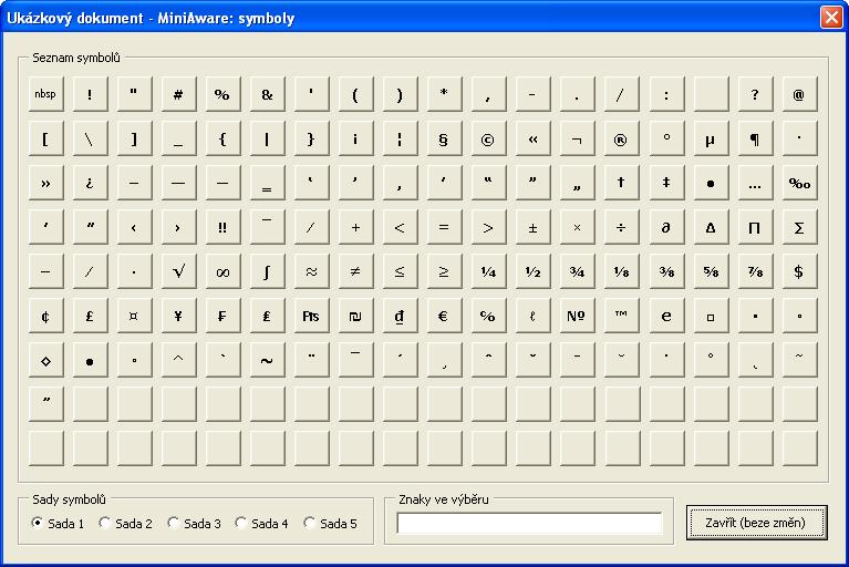 MiniAware - uživatelská příručka 67 3.6.6 Formulář Symboly Formulář umožňuje vkládání speciálních symbolů (např. znaků řecké abecedy, azbuky, matematických či fonetických symbolů aj.).