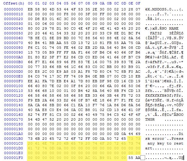 Obr. 3.2: Nultý sektor bez MBR Vzhledem k tomu, že prvních 446 bajtů MBR tvoří spustitelný kód, který nemá jednoduše určenou strukturu podle specifikace (modře zvýrazněná oblast na obrázku 3.