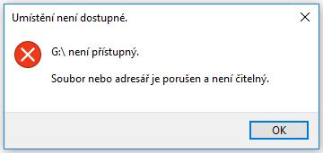 Obr. 3.8: Okno s chybovou hláškou č.2 Funkčnost - změna názvu disku. Modifikace bajtů na pozicích 10 H, 11 H, 12 H způsobuje změnu názvu disku na Beze jména, při zachování jeho funkce.