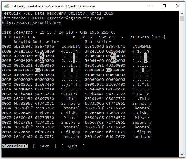 Jak je dobře vidět na porovnání 6.5, jsou sektory pro opravu téměř totožné. U prvního z obrázků je podstatný sloupec s názvem Backup boot sector, u druhého obrázku pak sloupec Rebuild Boot sector.