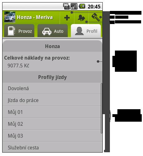 Obrázek 3.6: Uživatelské rozhraní záložky Profil. 3.3.4 Nadcházející události Aplikce umí zobrazovat upozornění na blížící se datum návštěvy servisu nebo státní technické kontroly (STK).