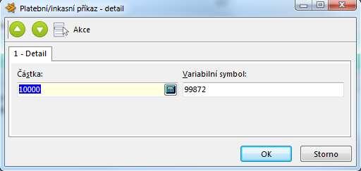 Detail řádku platebního příkazu Zde je možno zadat více plateb sdružených do jednoho řádku. Zadává se částka a variabilní symbol.