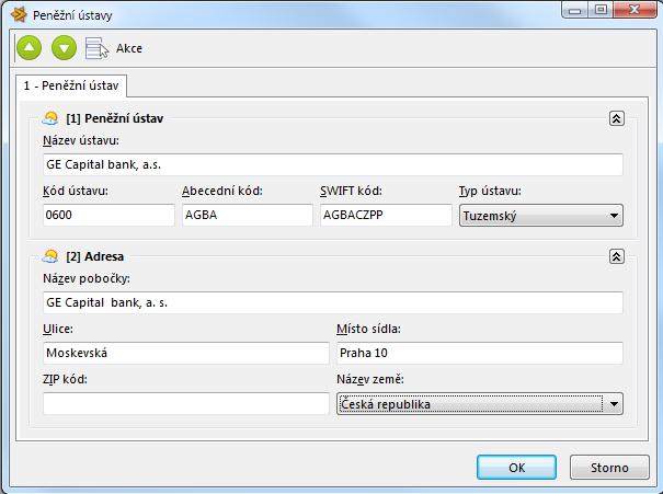Název ústavu - Vyplňujete název peněžního ústavu. Kód ústavu - Většinou 4místné označení (např. 0100, 0800,..). Abecední kód - Vyplňujete abecední kód peněžního ústavu.