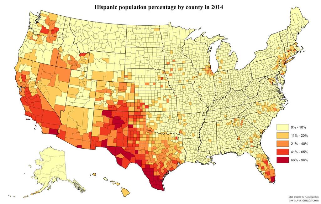 Podíl hispánské populace v roce 2014 Angloamerika