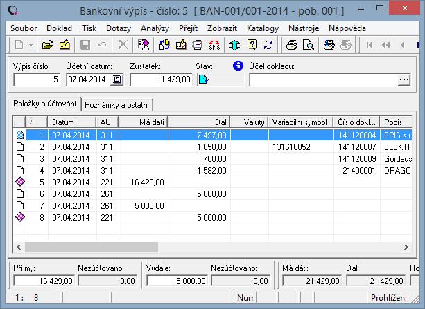 Tvorba bankovního výpisu Při tvorbě bankovního výpisu dochází přímo k účtování položek výpisu. Znamená to tedy, že bankovní výpis je přímo i účetním dokladem.