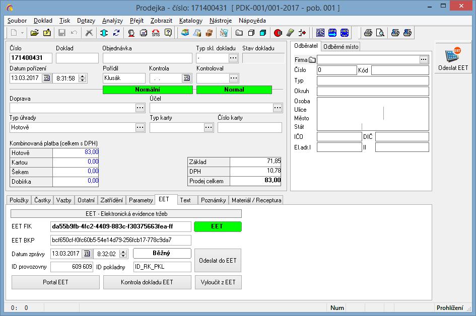 dobropis vydaný. Proto všechny tyto doklady na sobě mají záložku EET a na ní jednak potřebné údaje z portálu EET, ale také tlačítko Odeslat do EET.