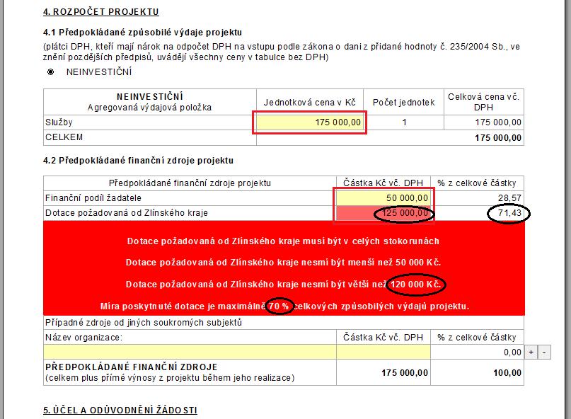 9. ROZPOČET PROJEKTU při vyplňování údajů rozpočtu projektu je nutné dbát na parametry minimální a maximální výše dotace požadované od Zlínského kraje. Ta nesmí být nižší než 50.