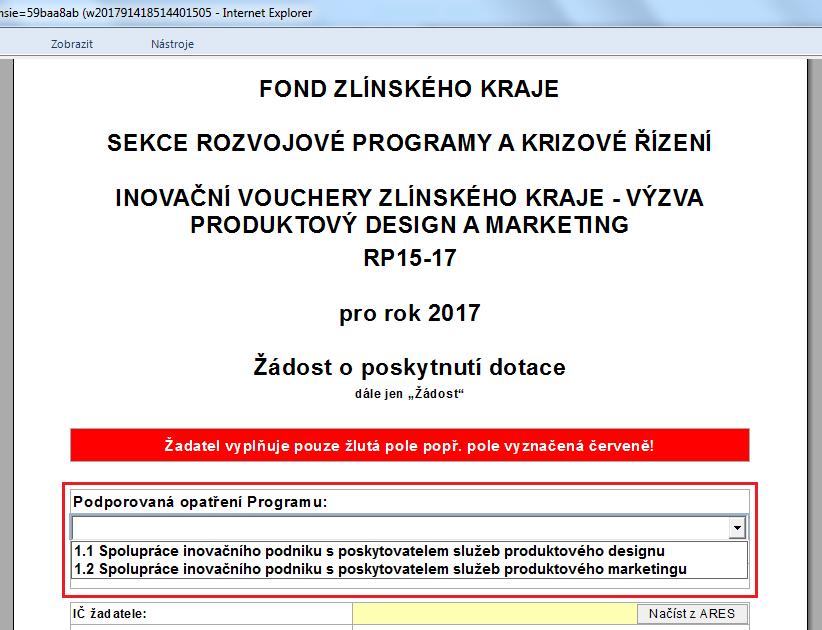 Text v odeslaném formuláři je neměnný a musí se shodovat s podepsanou a odevzdanou verzí formuláře v tištěné podobě. Vyplnění formuláře žádosti o dotaci 1. PODPOROVANÉ OPATŘENÍ PROGRAMU - Na str.