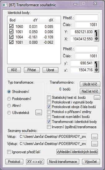 souřadnic. Výpočet shodnostní transformace všech bodů sítě a podrobných bodů fasády proběhl v programu Groma.