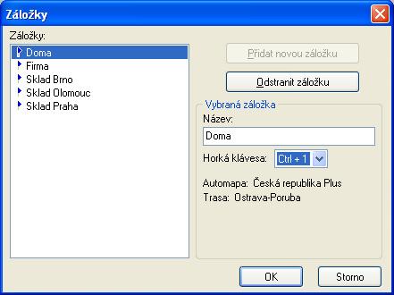 Záložky Záložky Vám stejně jako v klasickém autoatlase slouží k rychlému nalezení určité části mapy.