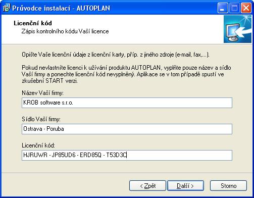 Instalace aplikace AUTOPLAN 1. Po úvodním okně a licenčním ujednání se zobrazí panel pro zadání licenčního kódu. Opište pečlivě Vaše licenční údaje z licenční karty.