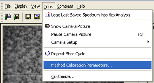 4. Zvolte Tools > Method Calibration Parameters ( Obrázek 6 ) pro nastavení nebo kontrolu nastavení kalibrace metody flexcontrol.