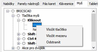 Na kartě myš můžete nastavit reakce programu na klepnutí tlačítek myši (také společně s klávesami SHIFT a/nebo CTRL) a na poklepání levým tlačítkem myši.