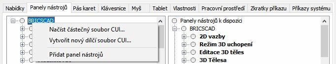 Úprava panelů nástrojů Chcete-li do BricsCADu přidat nový panel nástrojů a plánujete jeho přenos na jiný počítač, popř. si chcete udělat zálohu, abyste panel mohli načíst např.