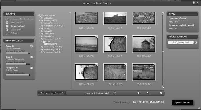 Obrázek 1.15: Import fotografií z paměťové karty v podkapitole o importu z kamery Mini DV. Určete název souboru a pak vyberte ikony souborů, které chcete importovat.