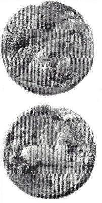 Dákové Ag tetradrachma - typ s audoleonským monogramem ze severodácké oblasti z území dnešní severní Transylvánie Av. v kruhu hlava Dia a vavřínovým věncem, p. Rev.