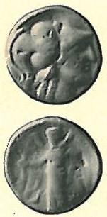 potinová mince- typ s manekýnem z oblasti středovýchodní Galie, Haeduer Av. nezřetelný obrys postavy manekýna Rev. rohatý býk s protáhlýma zadníma nohama, r.