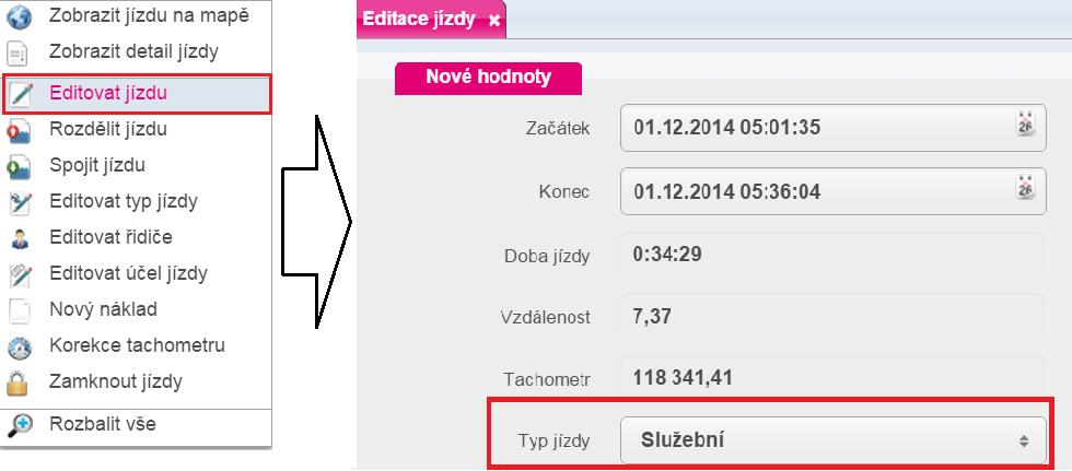 Obr. 18: Změna typu jízd přes Editaci jízdy 2.3.