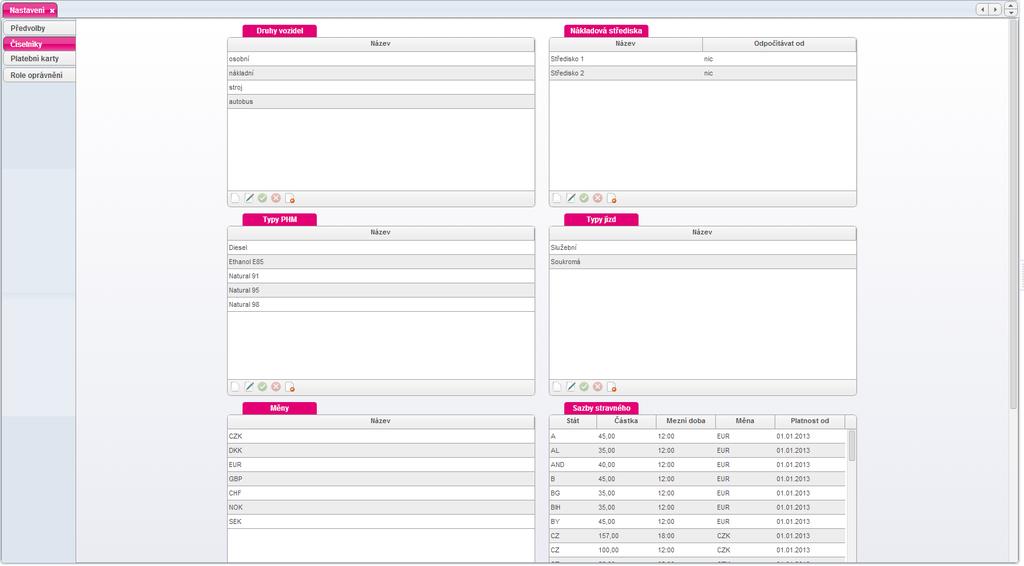 Obr. 22: Přehled a nastavení číselníků Platební karty V záložce Nástroje Nastavení na kartě Platební karty můžete založit či editovat tankovací karty a ty asociovat s osobou (řidič či uživatel) nebo