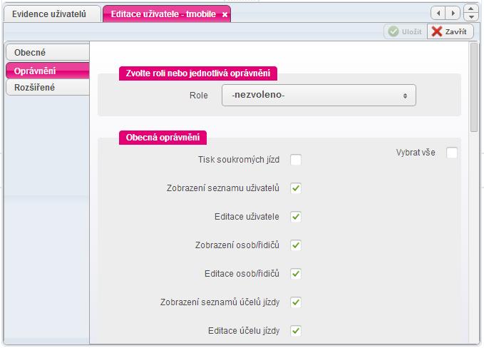 Obr. 52: Nastavení oprávnění pro uživatele Role Pokud často nastavujete uživatelům stejné oprávnění, můžete si přichystat sestavy