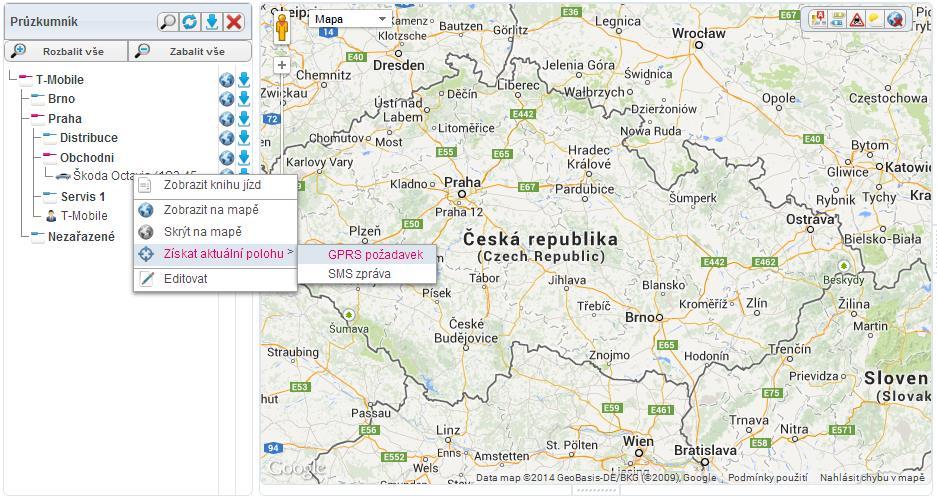 3.2.2 Oblasti uživatelského zájmu Vlastní místa Obr. 57: Získání aktuální polohy zvoleného vozidla V záložce Evidence Místa můžete zobrazovat a spravovat vlastní místa na mapě.