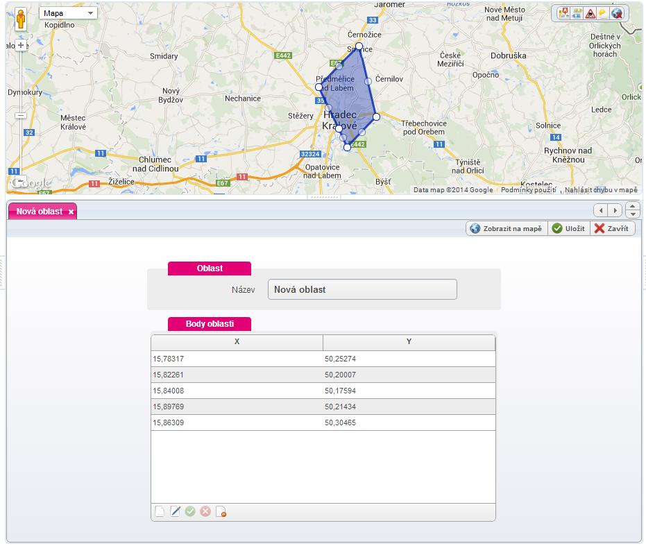 Obr. 60: Vytvoření nové oblasti Zobrazení oblastí do mapy a jejich správu můžete provádět pomocí ikon v liště nad seznamem oblastí. 3.