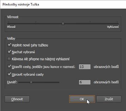 2 Poklepáním na nástroj Tužka (Pencil) ( ) v panelu nástrojů na levé straně si otevřete dialogové okno Předvolby nástroje Tužka (Pencil Tool Options).