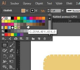3 S dosud vybraným obdélníkem klepněte v ovládacím panelu na barvu Výplně (Fill) (viz kroužek na obrázku) a vyberte hnědé políčko ve