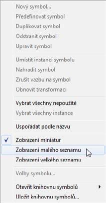 3 Z nabídky panelu vyberte příkaz Zobrazení malého seznamu (Small List View). Tím se zobrazí názvy jednotlivých symbolů spolu s jejich náhledy.