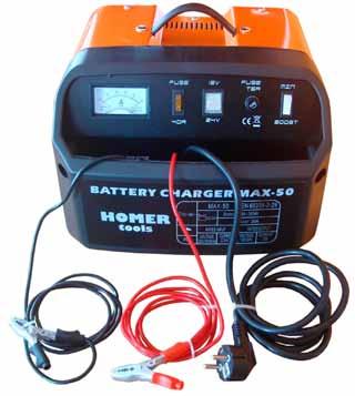 Battery charger HOMER tools Ampérmetr Ammeter Pojistka 40A Fuse breaker 40A (+) kabel nabíjení s kleštěmičervený Charging cable with clamp red Přepínač napětí MIN/BOOST Switch MIN/BOOST Pojistka 6 A