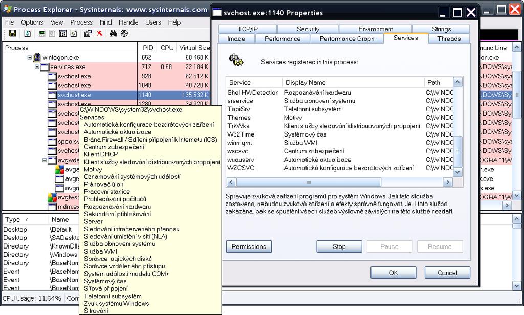 Kapitola 4 Správa procesů a služeb 97 Obrázek 4.13: Zobrazení služeb v procesu V Process Exploreru (také na obrázku 4.13) vidíme, že je spuštěno více instancí procesu Service Host.