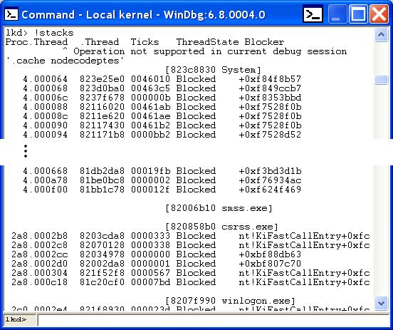 Kapitola A Ladění programů a jádra Windows 186 Obrázek A.8: Výstup příkazu!stacks (výpis je velmi dlouhý, jeho část byla odstraněna) Obrázek A.9: Výstup příkazu!