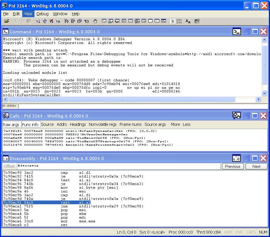 Kapitola A Ladění programů a jádra Windows 188 Obrázek A.12: Zobrazená okna ommand, all Stack a Disassembly dardně po ukončení ladění proces automaticky ukončen. Na obrázku A.