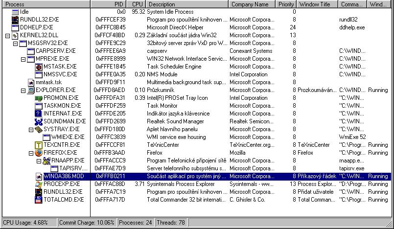 4 vidíme srovnání okna Process Exploreru spuštěného ve Windows 7 (NT jádro) a Windows 98 (DOS jádro). Všimněte si obsahu sloupce PID.