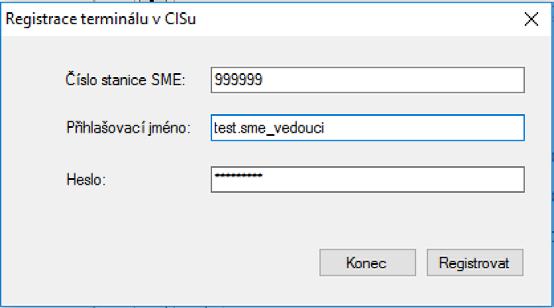 !! Registraci terminálu může provést pouze uživatel s rolí SME vedoucí a registrace musí být provedena ze shodné veřejné IP adresy, která je uvedena v seznamu povolených adres pro SME.