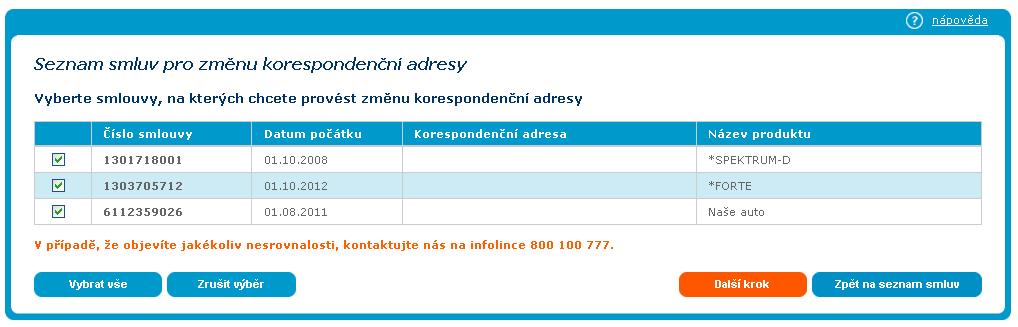 Například pr krespndenční adresu: Pmcí zaškrtávacích plíček můžete libvlnu smluvu d seznamu zařadit neb ji napak vyjmut. Standardně jsu vybrány všechny smluvy.